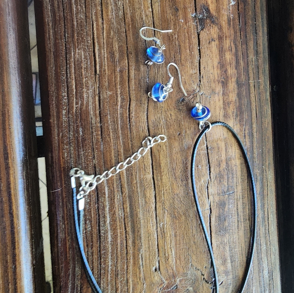handmade blue with wire wrapped bead earring and necklace set